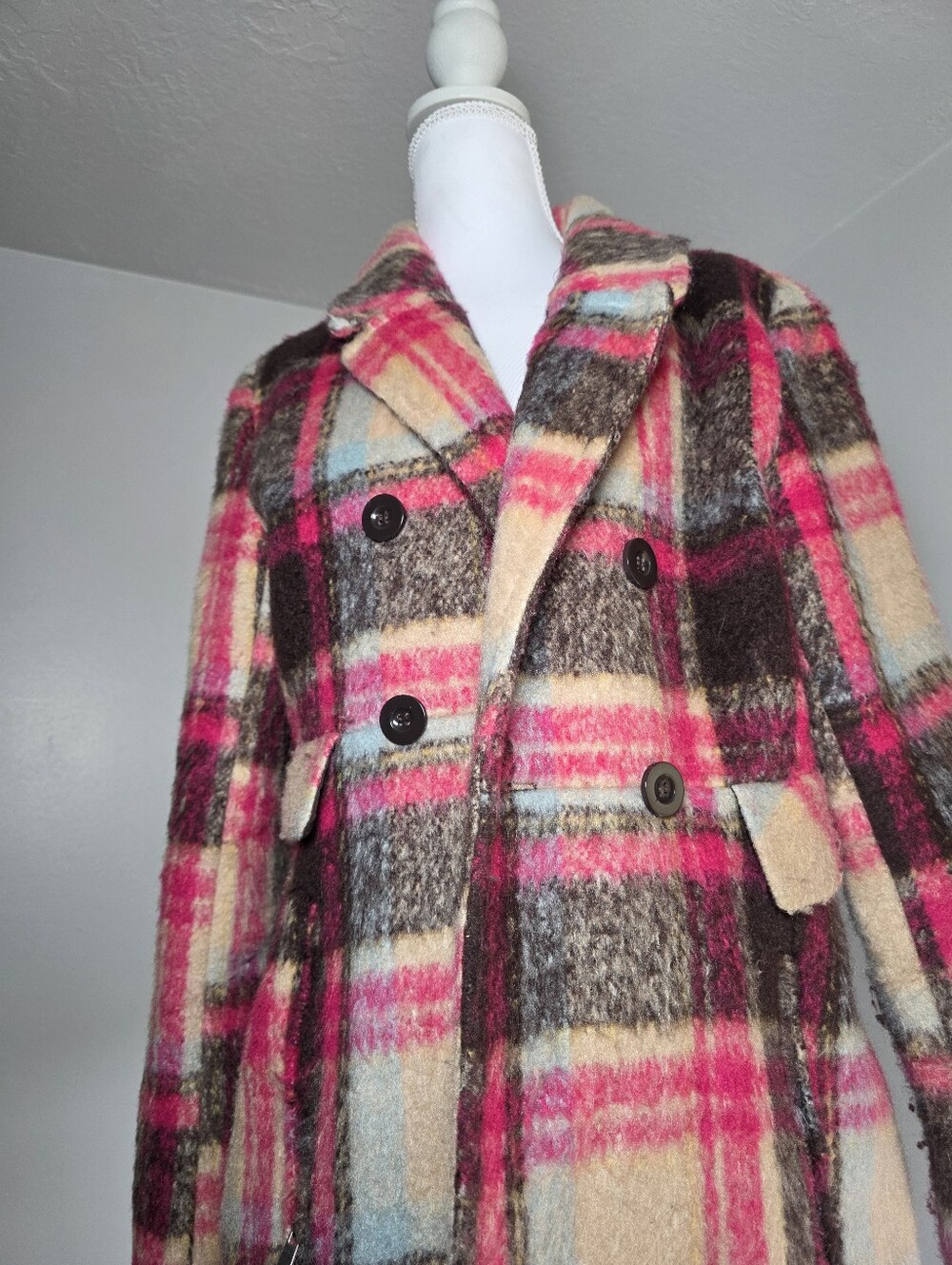 Rue21 Pink & Cream Plaid Double-Breasted Peacoat - Picture 2 of 4